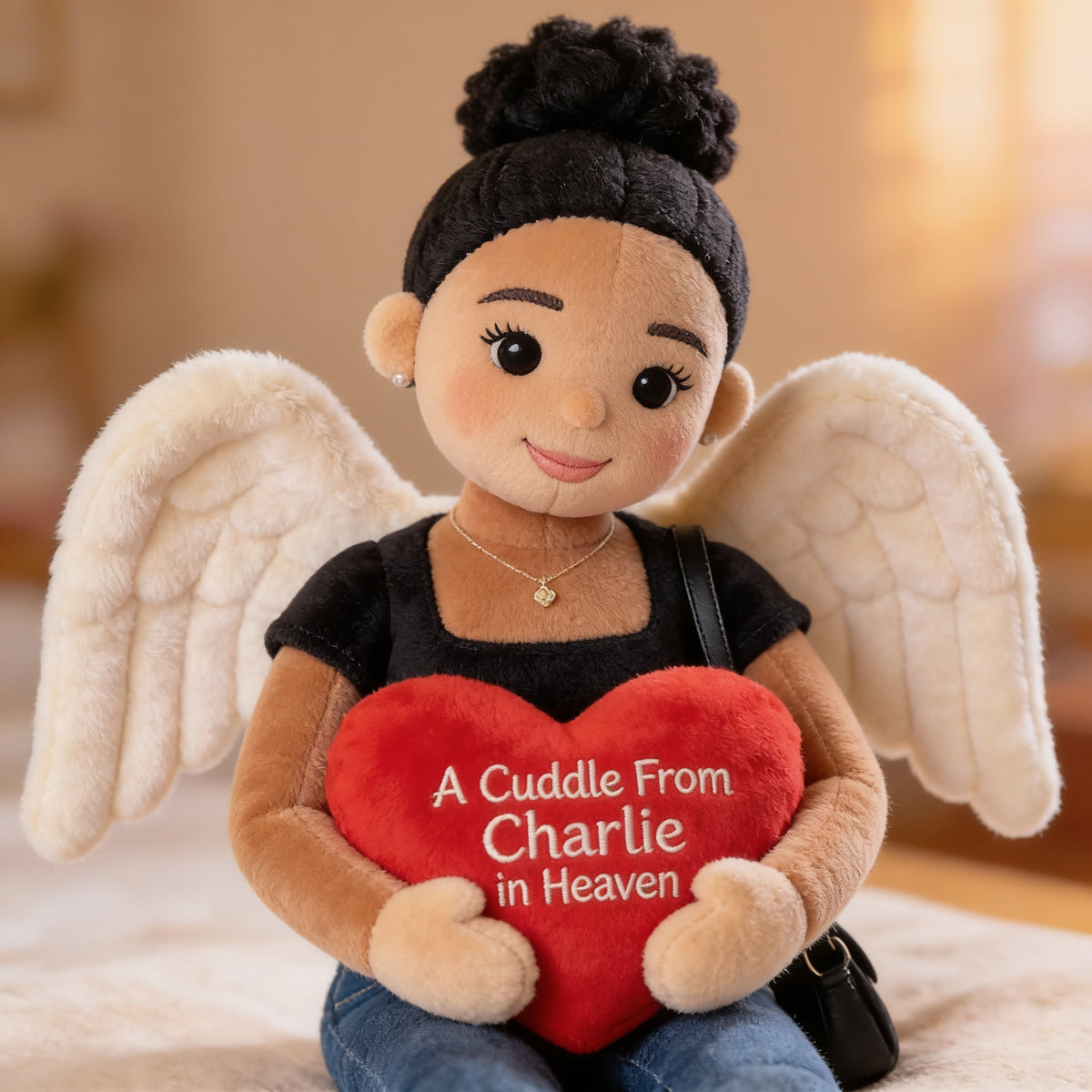 Personalized Memorial Black Woman Angel Shaped Pillow Sympathy Gift