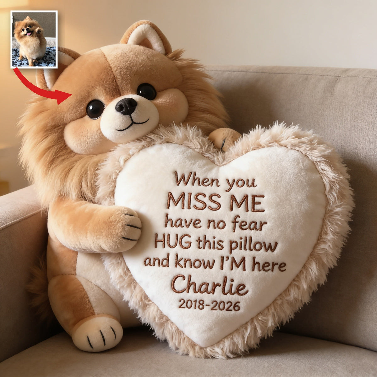 Personalized Fluffy Golden Pomeranian Memorial Faux Fur Shaped Pillow
