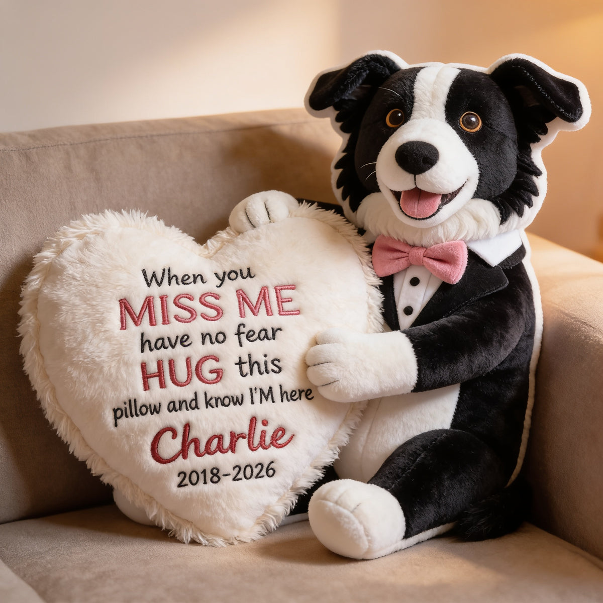 Personalized Memorial Border Collie Faux Fur Shaped Pillow Pet Loss Gift