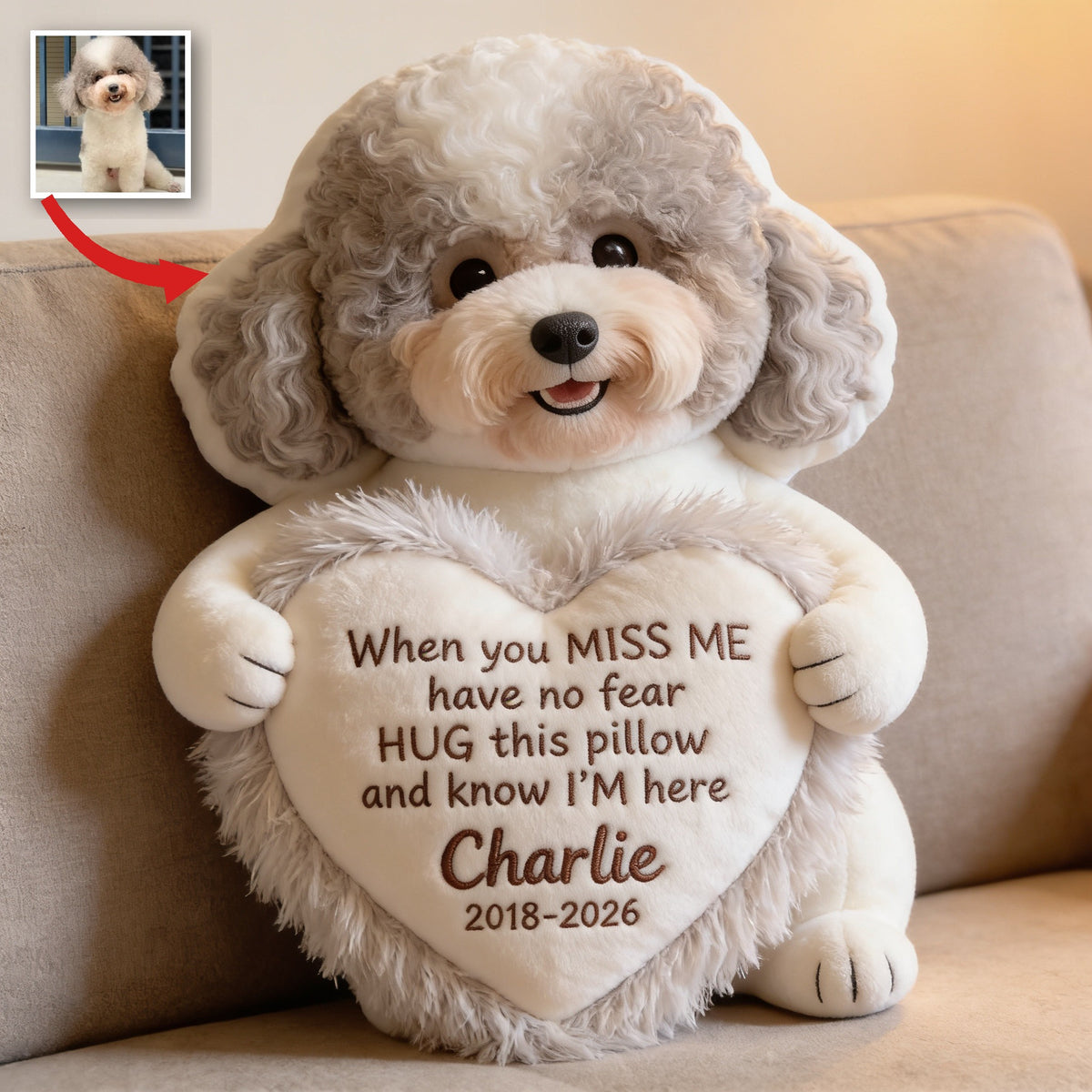 Personalized Curly Fur Poodle Memorial Faux Fur Shaped Pillow