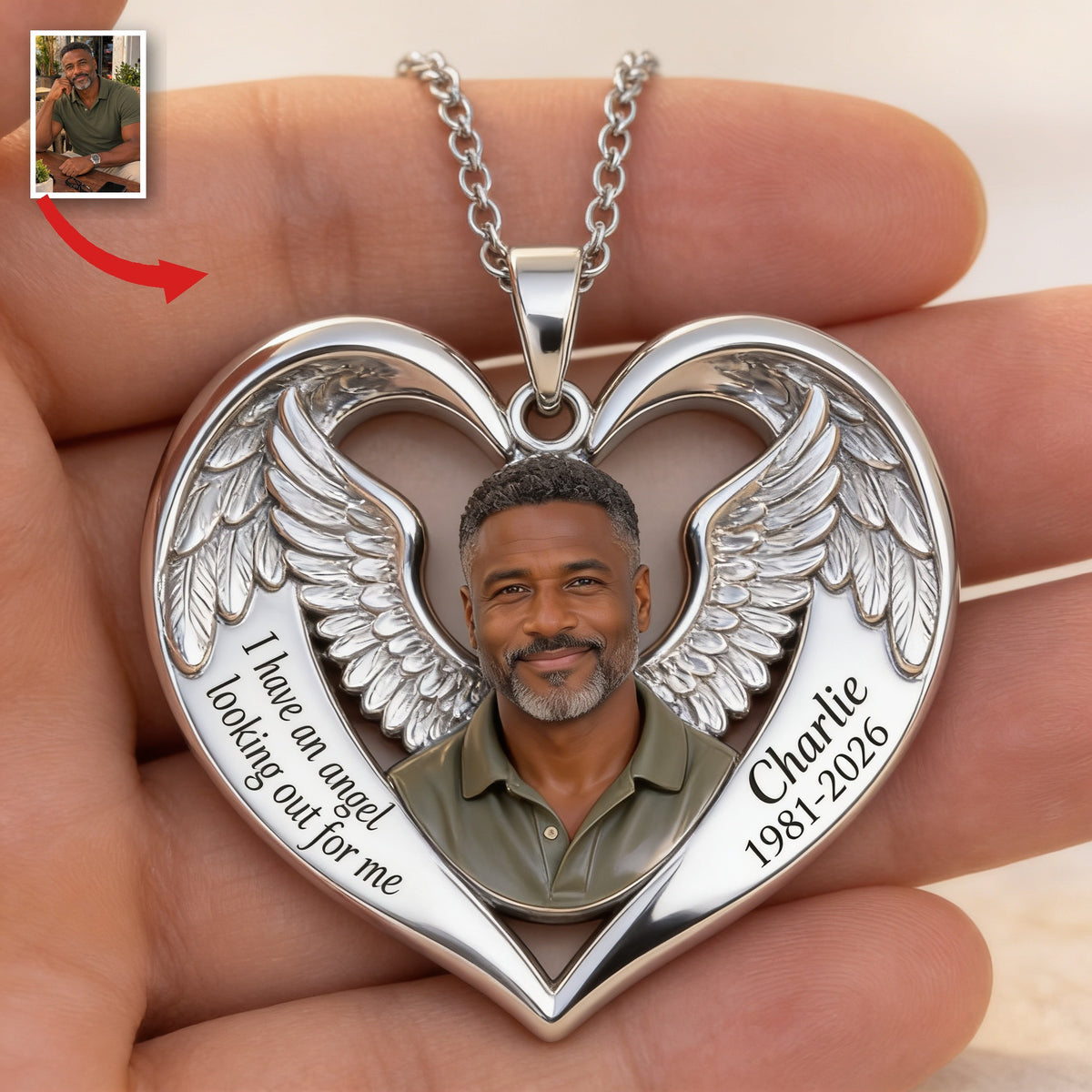 Personalized Middle-Aged Black Man Memorial Heart Pendant Necklace Dad Husband Keepsake