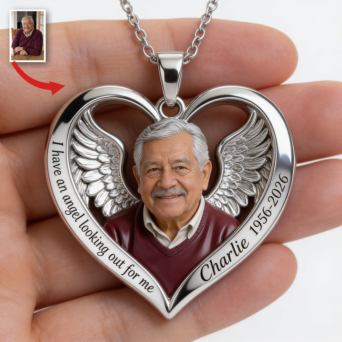 Personalized Older Latino Man Grandpa Memorial Heart Pendant Necklace