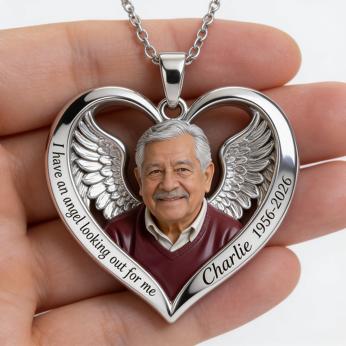Personalized Older Latino Man Grandpa Memorial Heart Pendant Necklace