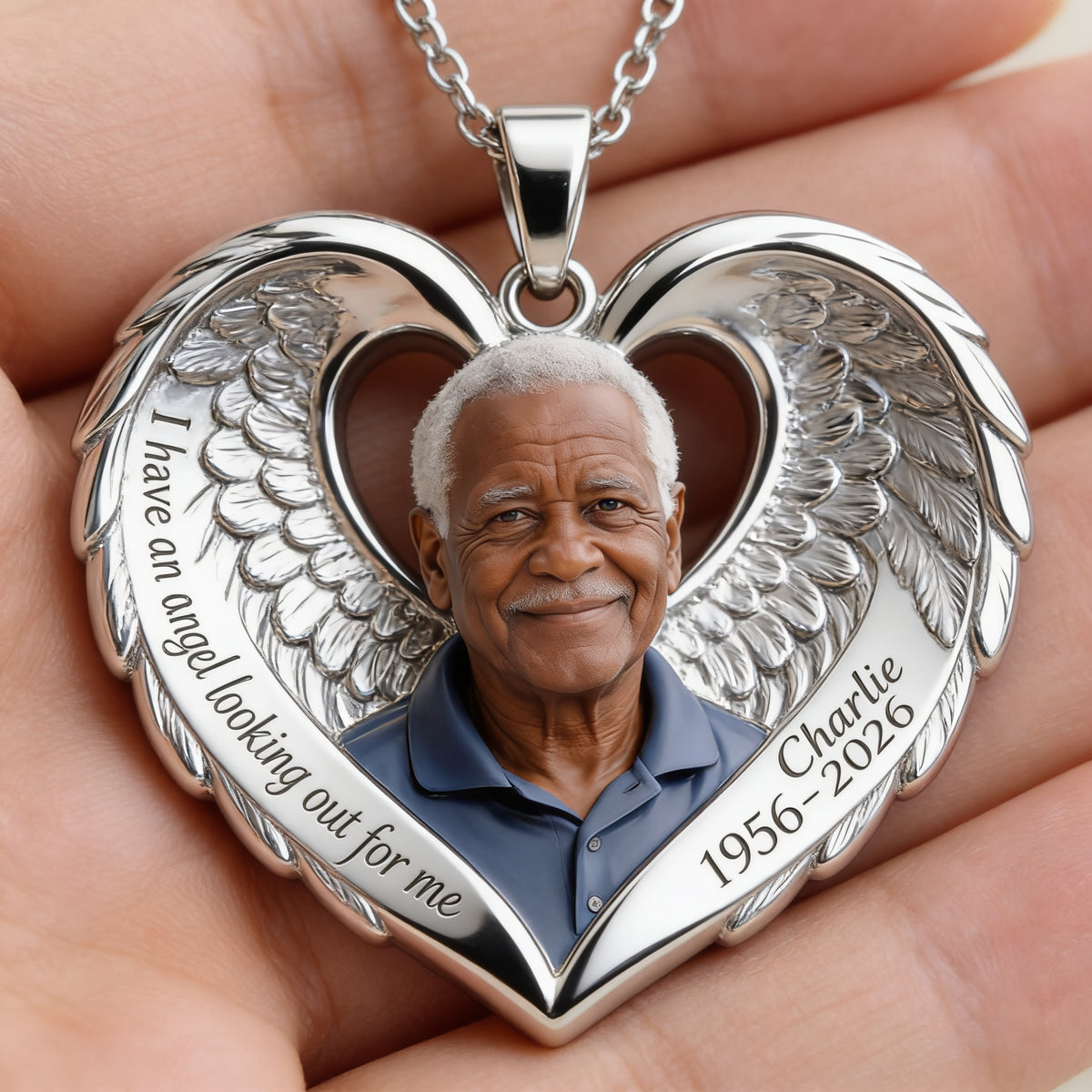 Personalized Older Black Man Grandpa Memorial Angel Heart Pendant Necklace