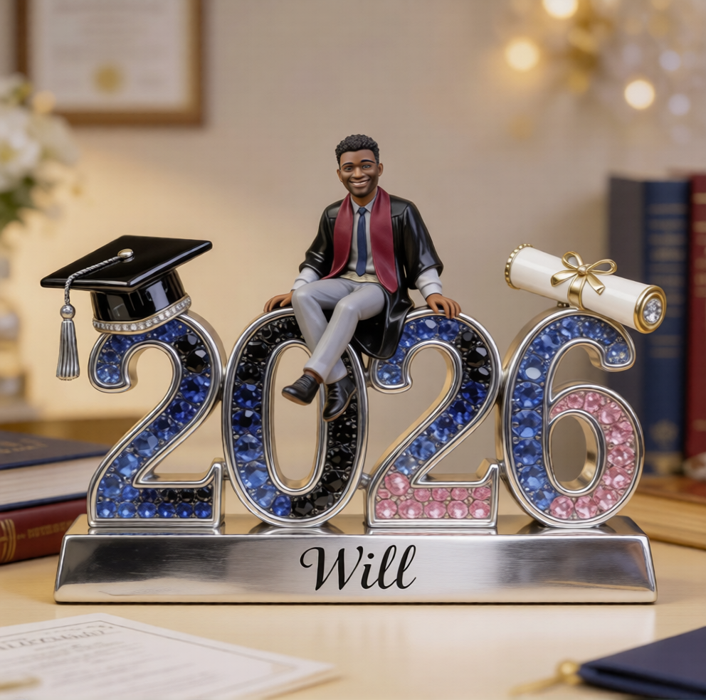 Personalisierte Abschlussfigur 2026 - Individuelle Statue für männliche Absolventen - Luxuriöses Geschenk mit Namensschild