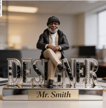 Custom Older Black Male Designer Desk Sign Personalized African American Mature Man Figurine Luxury Crystal Nameplate Office Decor Statue Gift