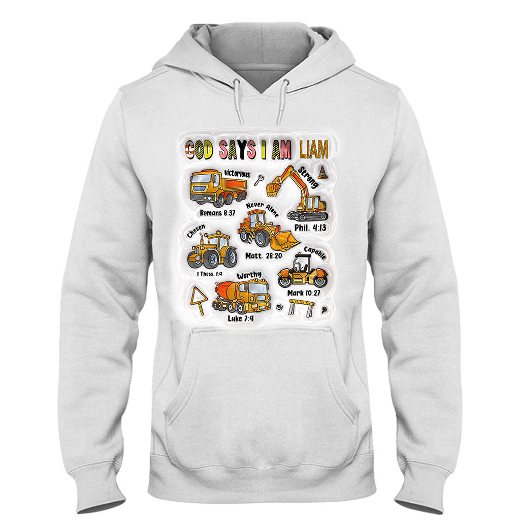 Gott sagt: Ich bin es! Und ein Baustellenfahrzeug – personalisiertes Kinder-T-Shirt und Hoodie