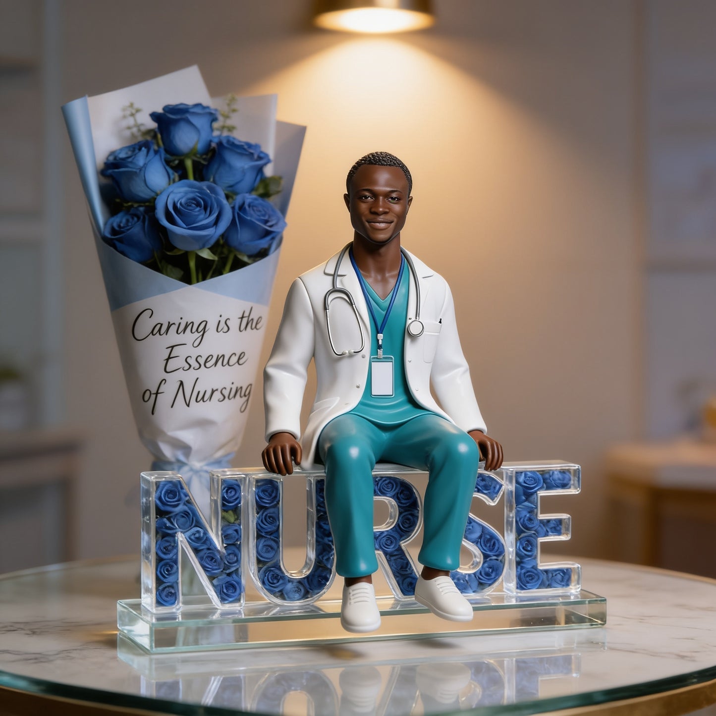 Personalized Black Male Nurse Shaped Acrylic Plaque - Custom Blue Rose NURSE Desk Decor Graduation Gift for Healthcare Office