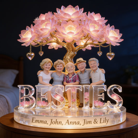 Custom Old Besties Night Light LED Lotus Tree Lamp, Personalized Old Senior Friends Keepsake, Home Decor Gift