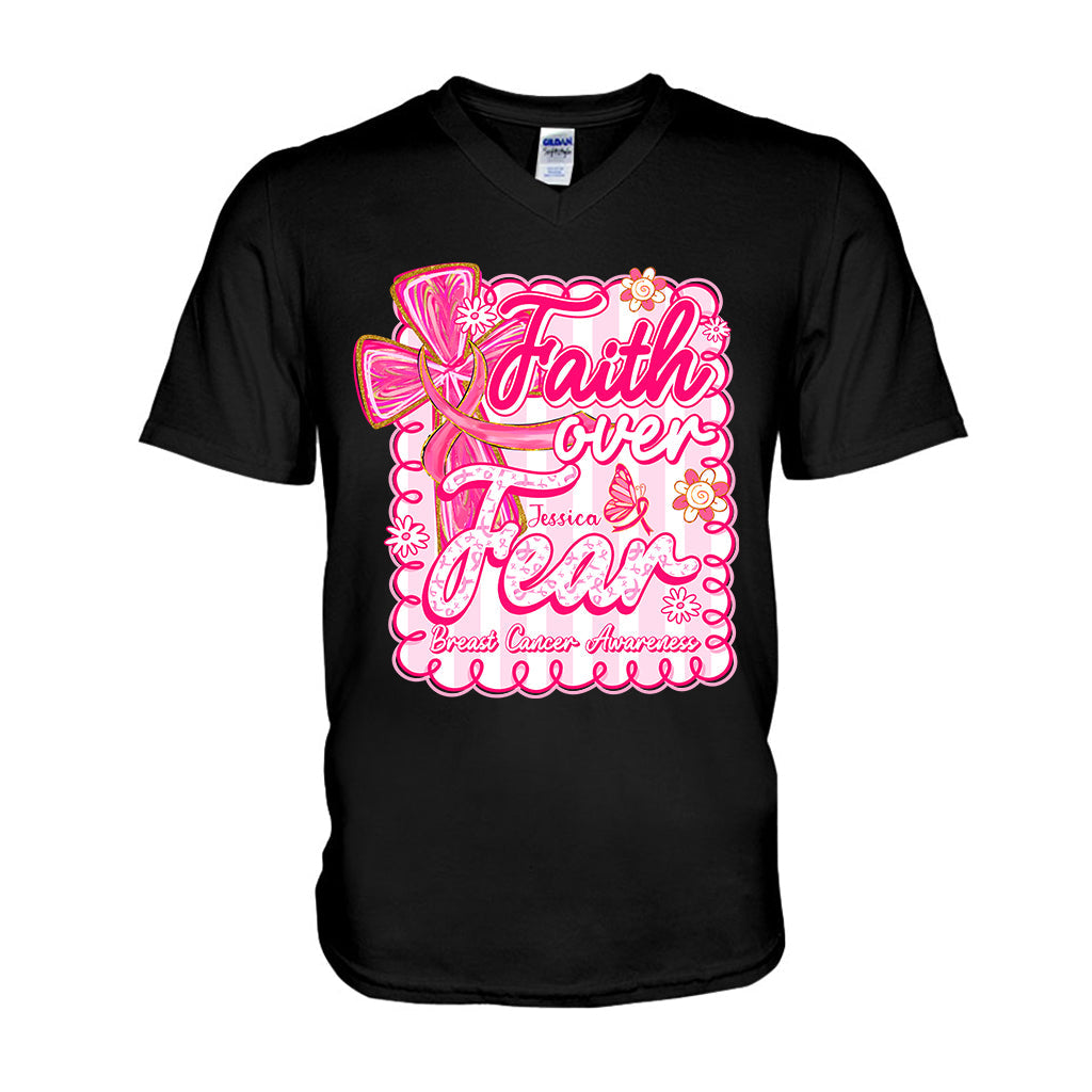 Preppy Breast Cancer Faith Over Fear - Personalized Breast Cancer Awareness T-shirt And Hoodie