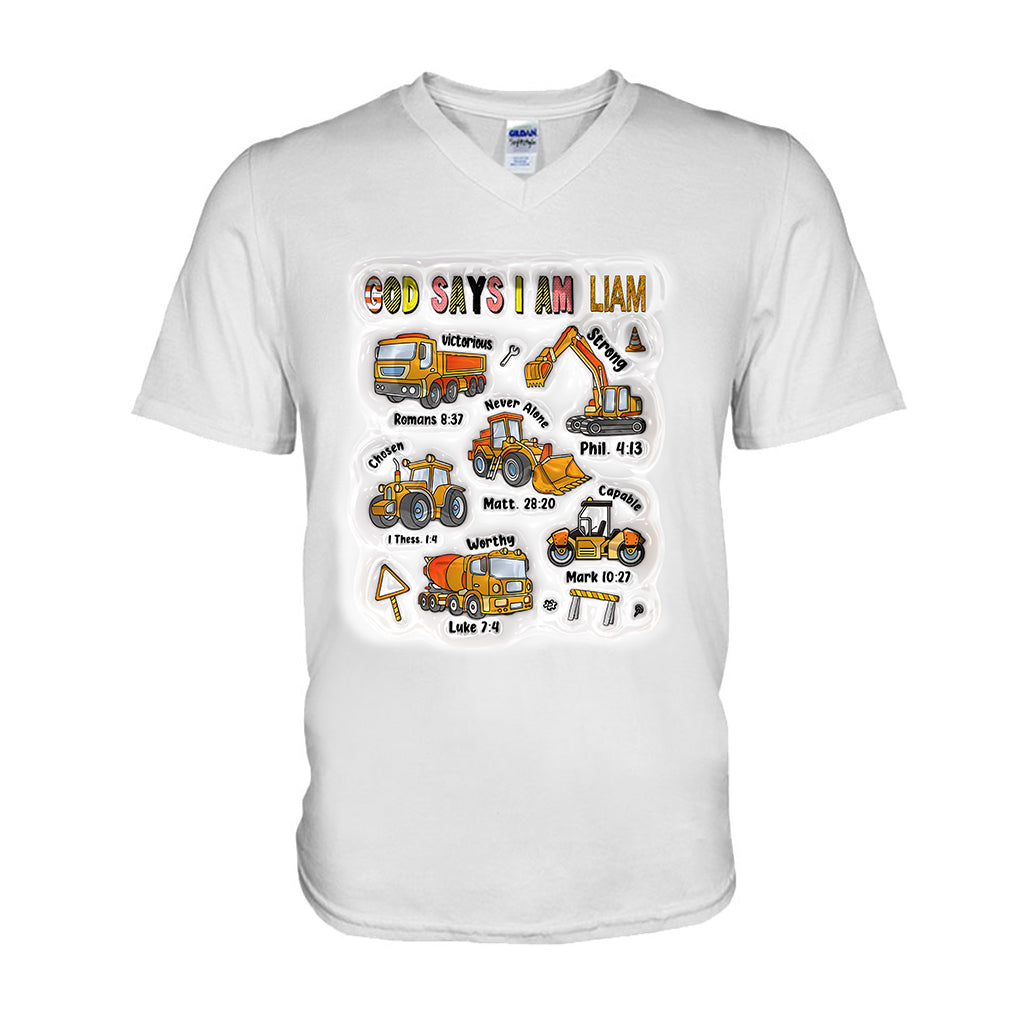 Gott sagt: Ich bin es! Und ein Baustellenfahrzeug – personalisiertes Kinder-T-Shirt und Hoodie