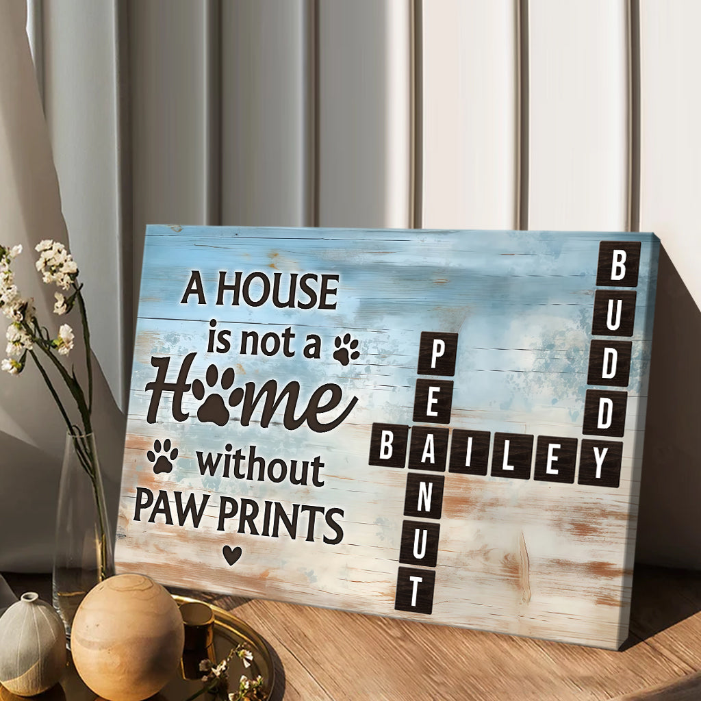 Zuhause mit Pfotenabdrücken – Haustier-Kreuzworträtsel-Kunst – Personalisierte Leinwand und Poster mit Hund