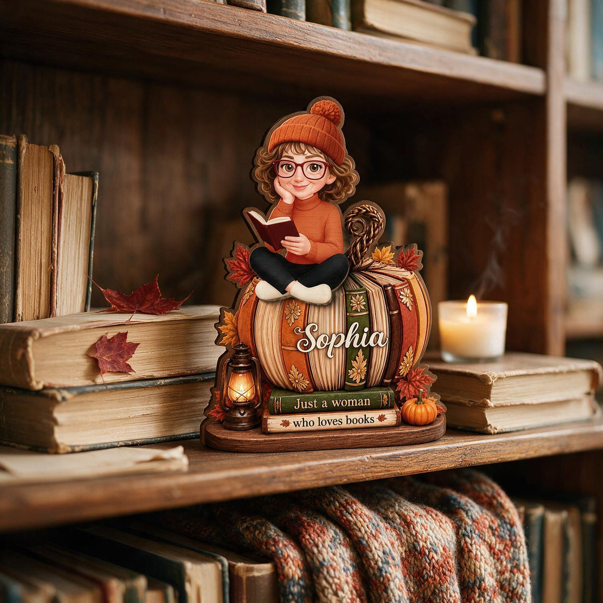 Personalized Fall Book Pumpkin 2-Layer Wooden Plaque - Girl Reading Autumn Decor Gift for Book Lovers