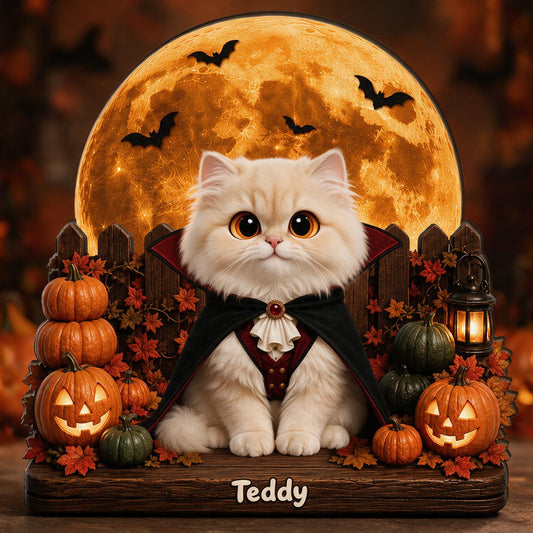 Personalisierte 2-Layer Holz Halloween-Plakette - Gruselige Vampir-Katze mit Kürbissen, individuelles Geschenk für Katzenliebhaber