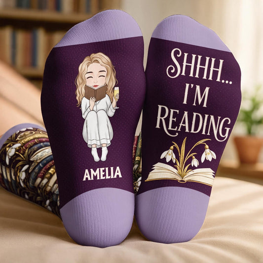 Personalized Shhh I'm Reading Crew Socks - Book Lover Gift for Women
