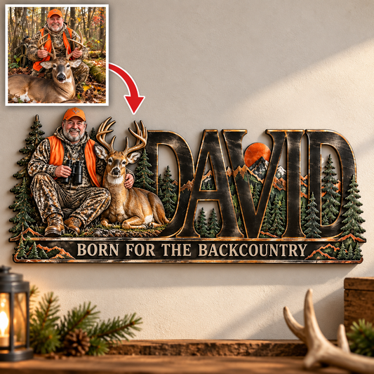 Personalisierte Jagd Metall-Schild - Individuelles Foto und Namens Wandkunst mit Wald- und Bergdesign