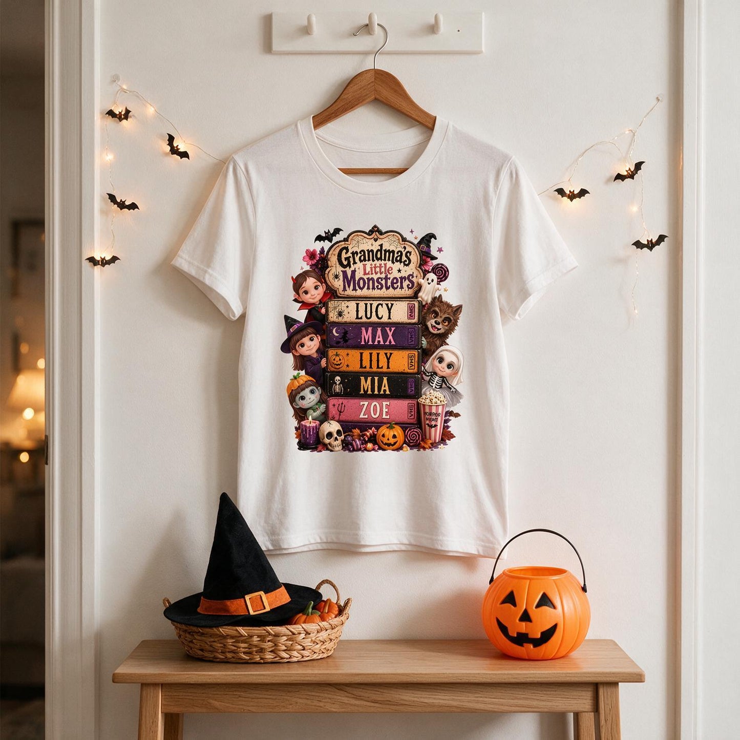 Grandma's Little Monsters Retro Halloween VHS Shirt - Personalized Halloween Gift for Grandma with Custom Grandkids Names