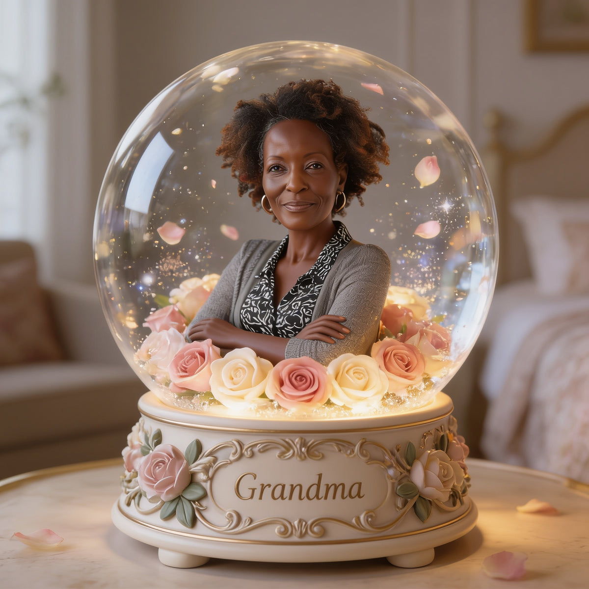Custom Black Grandma Glass Dome Light - Personalized Rose Floral Figurine Lamp, Sentimental Bedroom Keepsake Gift