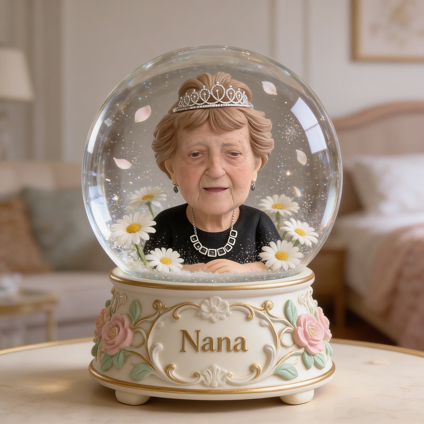 Custom Grandmother Snow Globe Music Box - Personalized Crown Floral Snowglobe, Sentimental Bedroom Keepsake Gift