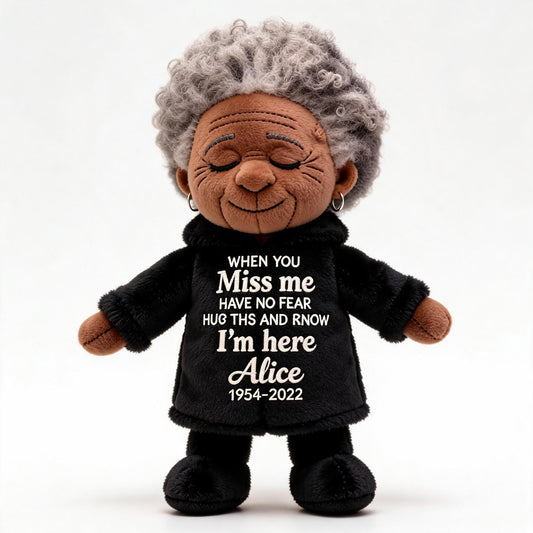 Custom Memorial Older Black Women Grandma Plush Doll - Personalized Senior Grandma Memorial Bear, Comforting Grief Keepsake Gift