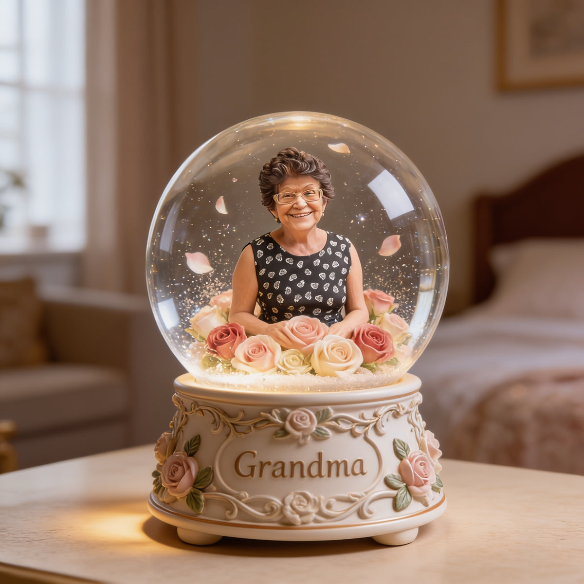 Custom Latin Grandma Glass Dome Light - Personalized Floral Figurine Lamp, Sentimental Bedroom Decor Gift