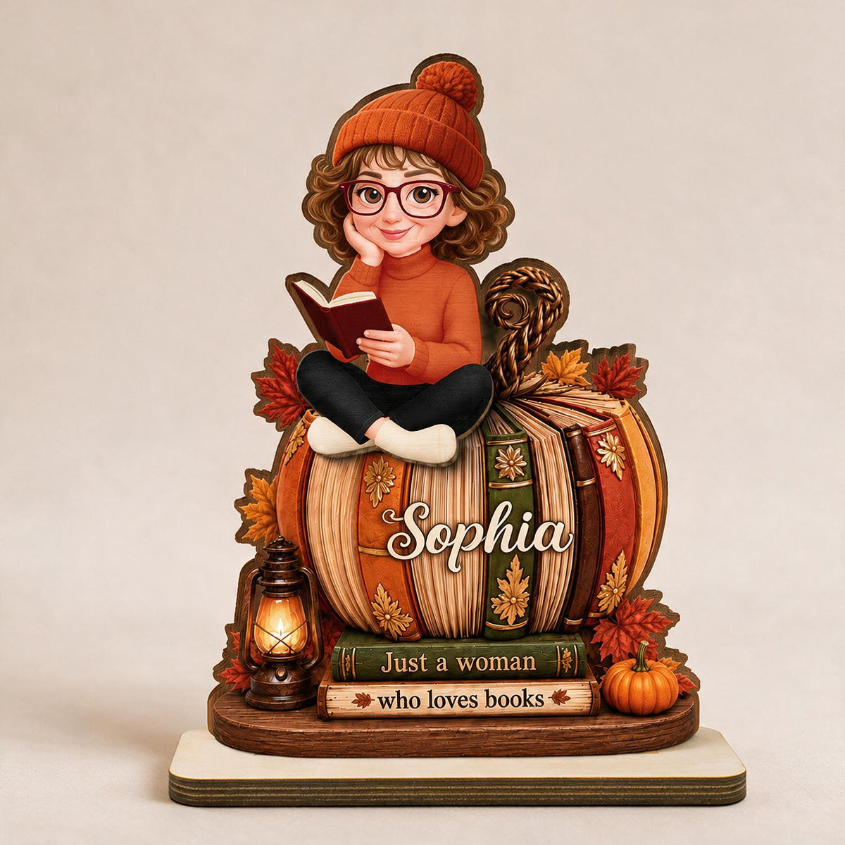 Personalized Fall Book Pumpkin 2-Layer Wooden Plaque - Girl Reading Autumn Decor Gift for Book Lovers