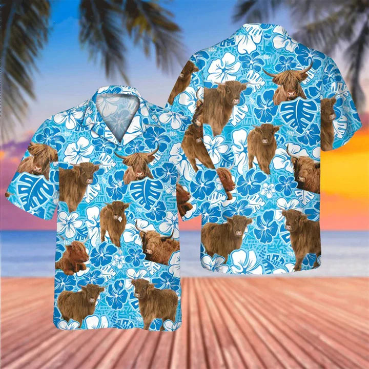 Blaues Hawaiihemd mit Blumenmuster und Hochlandrindmotiv 0624