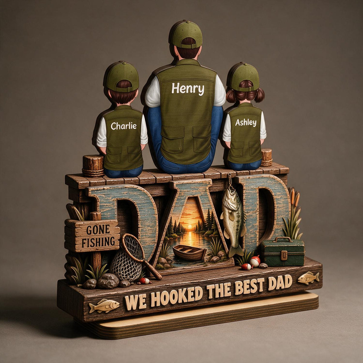We Hooked The Best Dad Personalized 2-Layered Wooden Plaque - Father's Day Gift for Fishing Dad with Kids Names