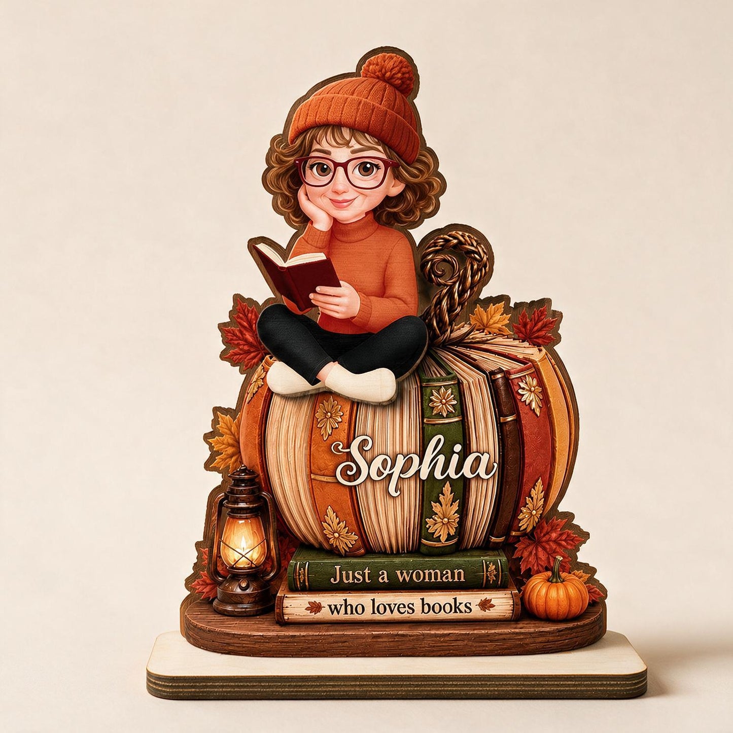 Personalized Fall Book Pumpkin 2-Layer Wooden Plaque - Girl Reading Autumn Decor Gift for Book Lovers