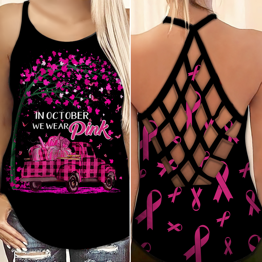 In October We Wear Pink - Breast Cancer Awareness Cross Tank Top 0722