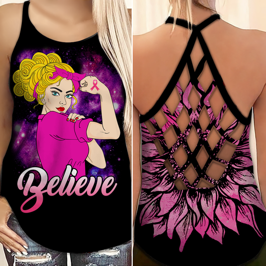 Believe – Tanktop mit Kreuzmotiv zur Sensibilisierung für Brustkrebs 0722