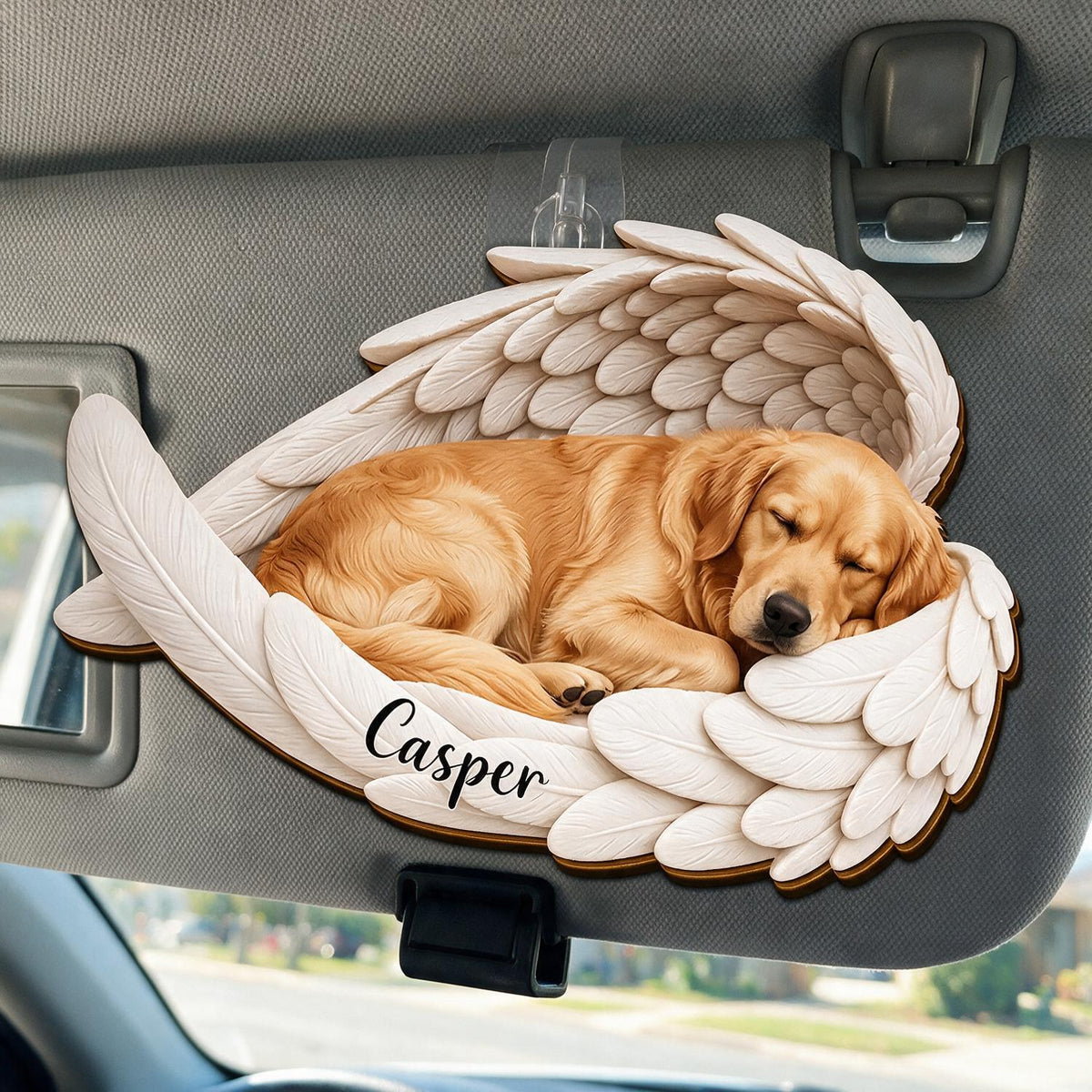 Personalized Sleeping Golden Retriever in Angel Wings Pet Memorial Car Visor Clip - Custom Name Sympathy Gift for Dog Loss