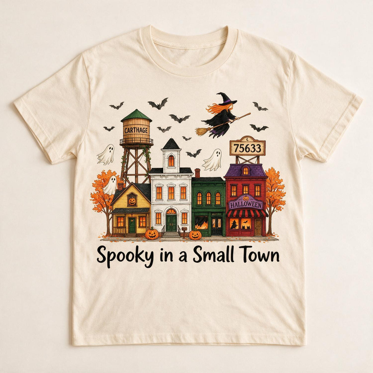 Personalisierte Foto Halloween Spooky Kleinstadt Shirt, Stadtname & PLZ
