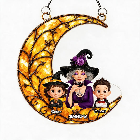 Personalisierte Halloween Hexen-Oma & Enkelkinder Mond Acryl Fensterhänger - Individuelles Halloween Geschenk für Oma