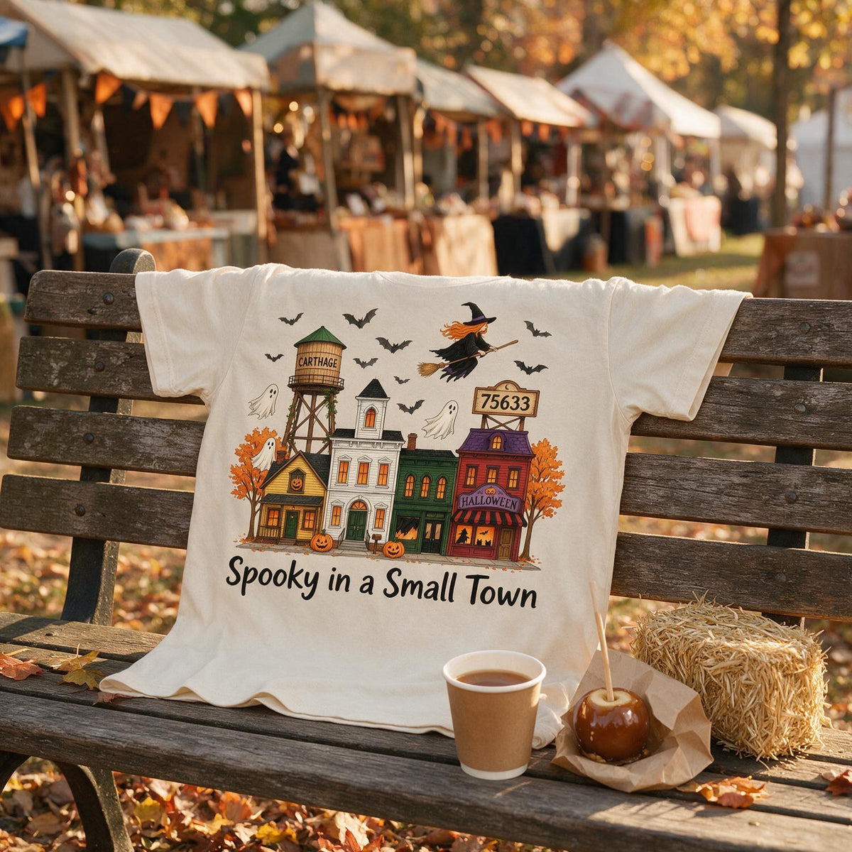 Personalisierte Foto Halloween Spooky Kleinstadt Shirt, Stadtname & PLZ