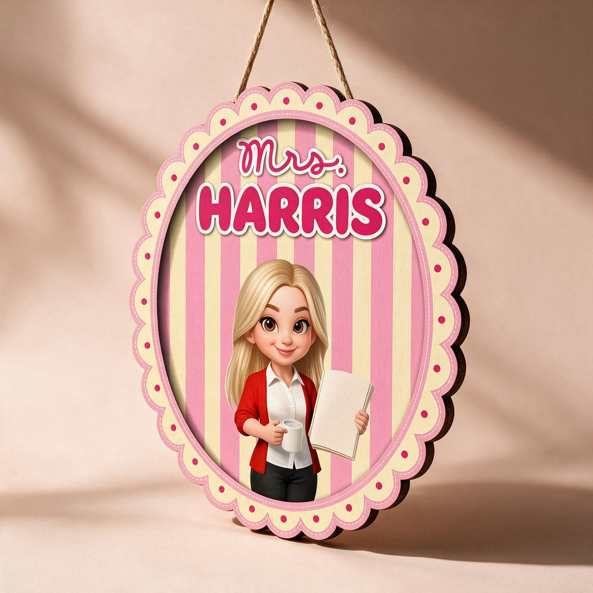 Personalized Coquette Pink Striped Teacher Wood Door Sign - Custom Name Classroom Decor Back To School Gift for Teachers