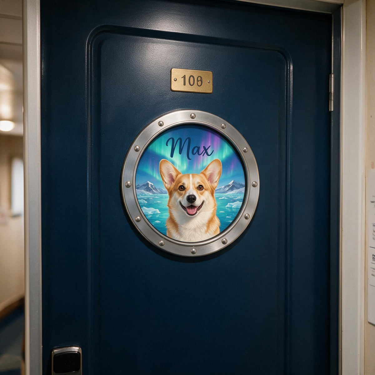 Personalized Smiling Corgi Peeking Porthole Cruise Door Magnet - Pet Lover Travel Keepsake