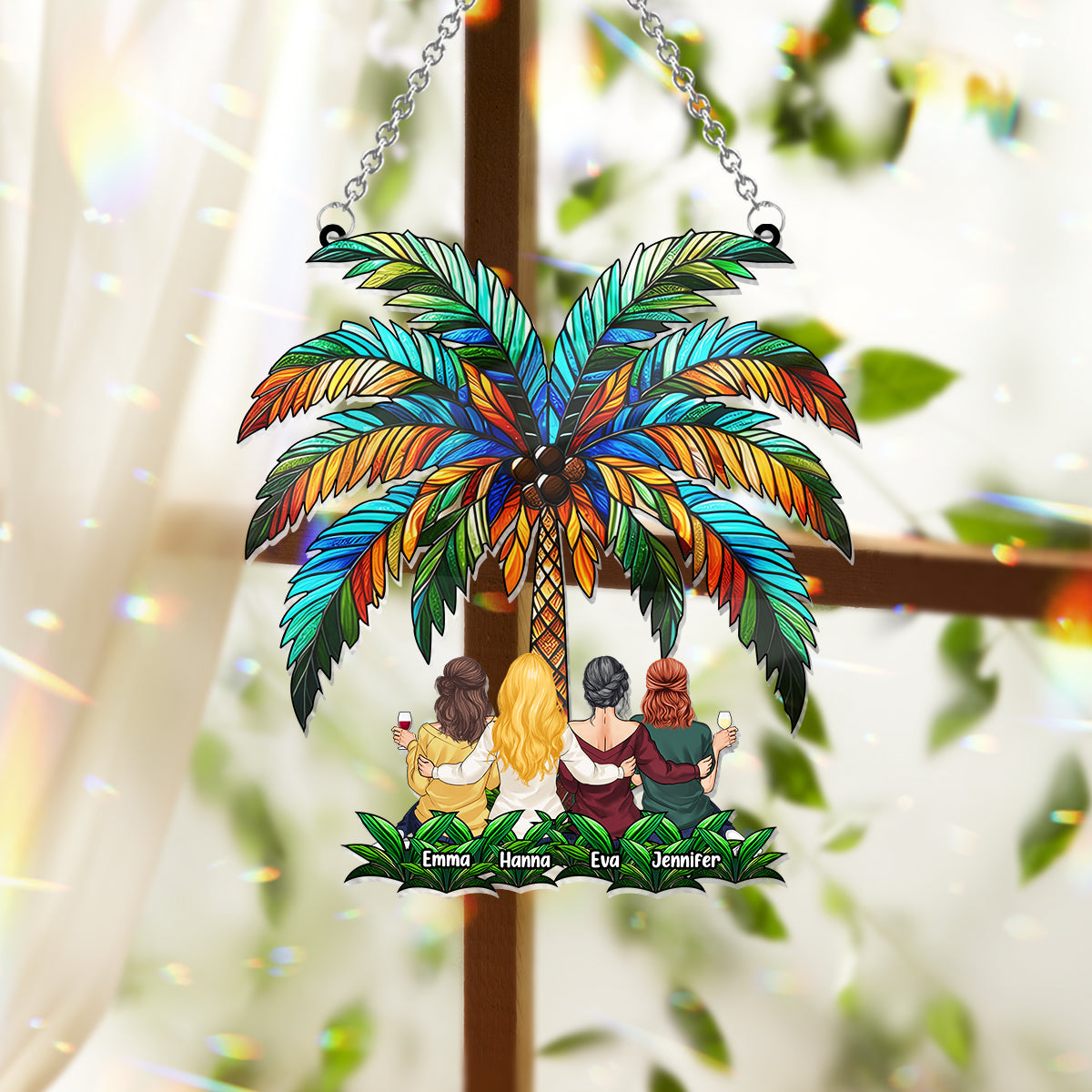 Beste Freundinnen unter der Palme – Personalisierter Fensterhänger mit Sonnenfänger-Dekoration für beste Freundinnen 