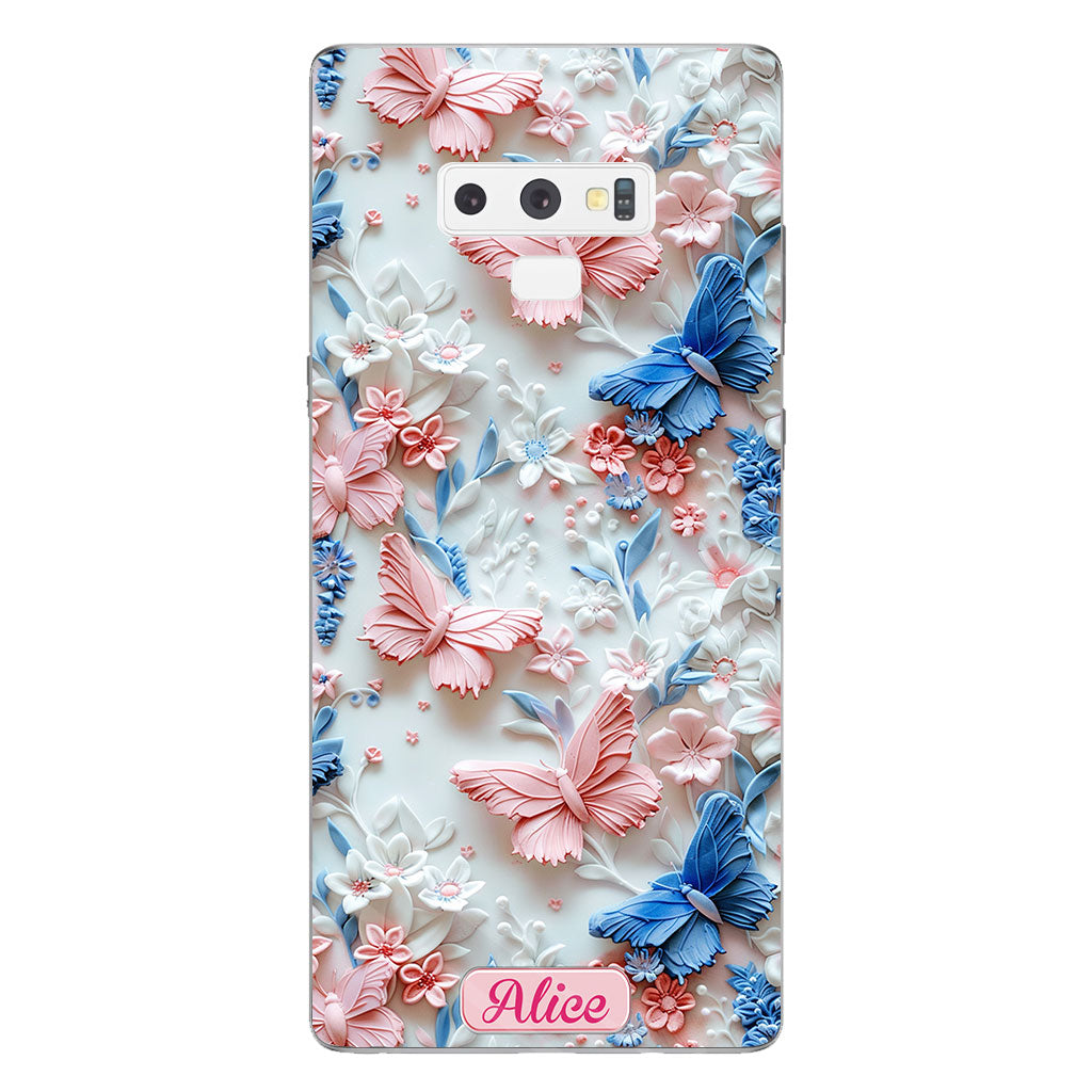 Rosa und blaue Schmetterlinge – Personalisierte transparente Schmetterlings-Handyhülle
