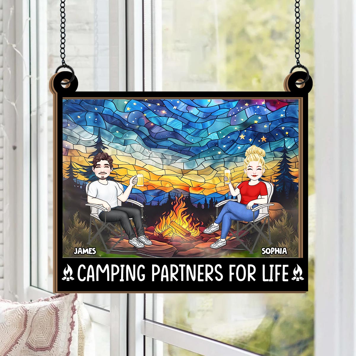 Campingpartner fürs Leben – Personalisierter, zweilagiger Fensterhänger zum Aufhängen