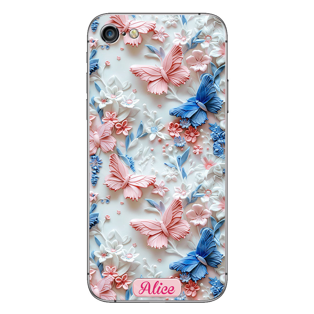 Rosa und blaue Schmetterlinge – Personalisierte transparente Schmetterlings-Handyhülle
