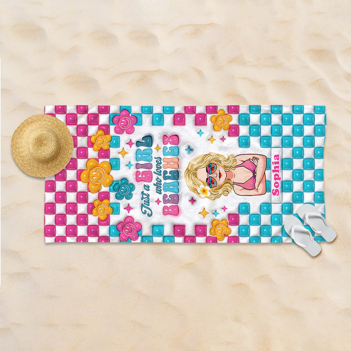 Einfach ein Mädchen, das Strände liebt – personalisiertes Strandtuch für Meeresliebhaber