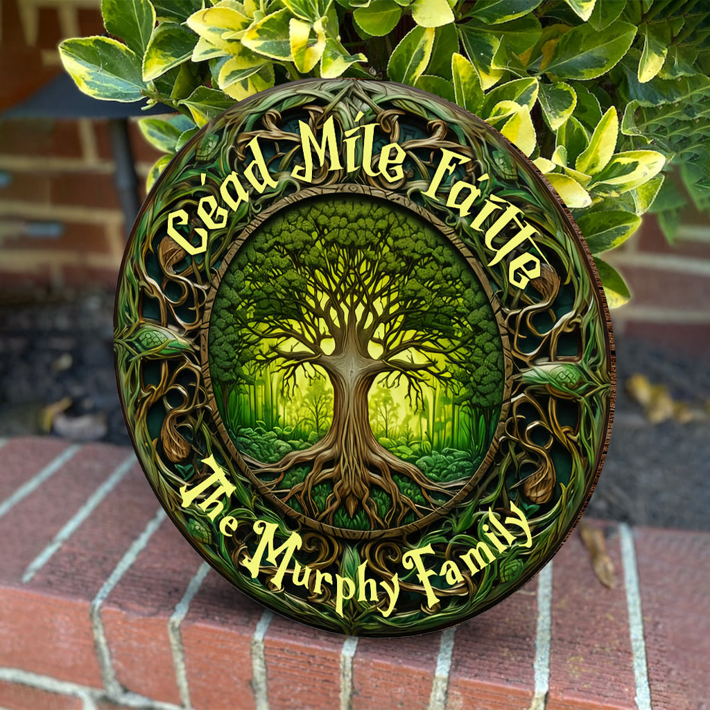 Cead Mile Failte Tree Of Life Rustic Style - Personalized Irish Round Wood Sign