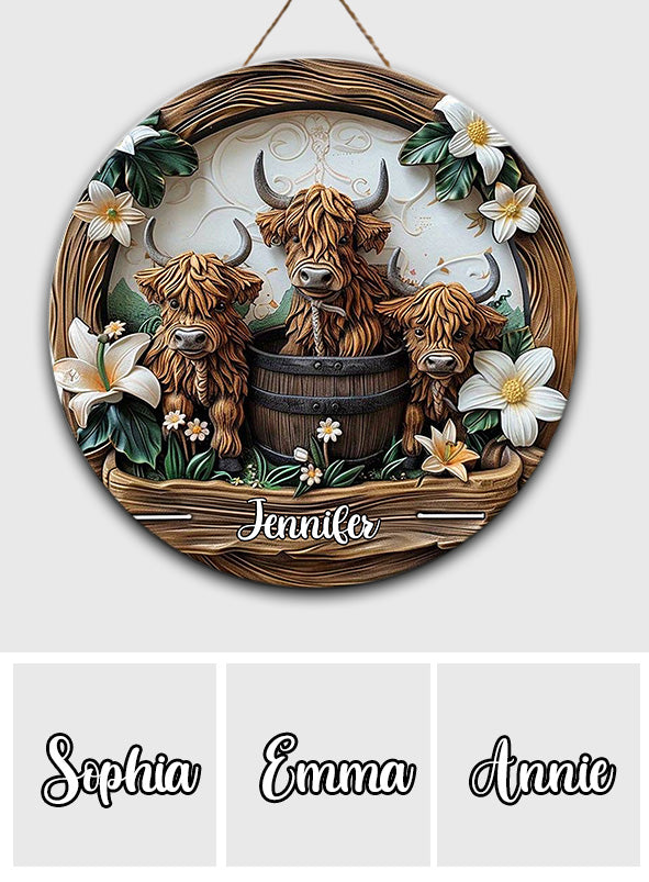 Liebe Hochlandrinder - Personalisiertes rundes Holzschild