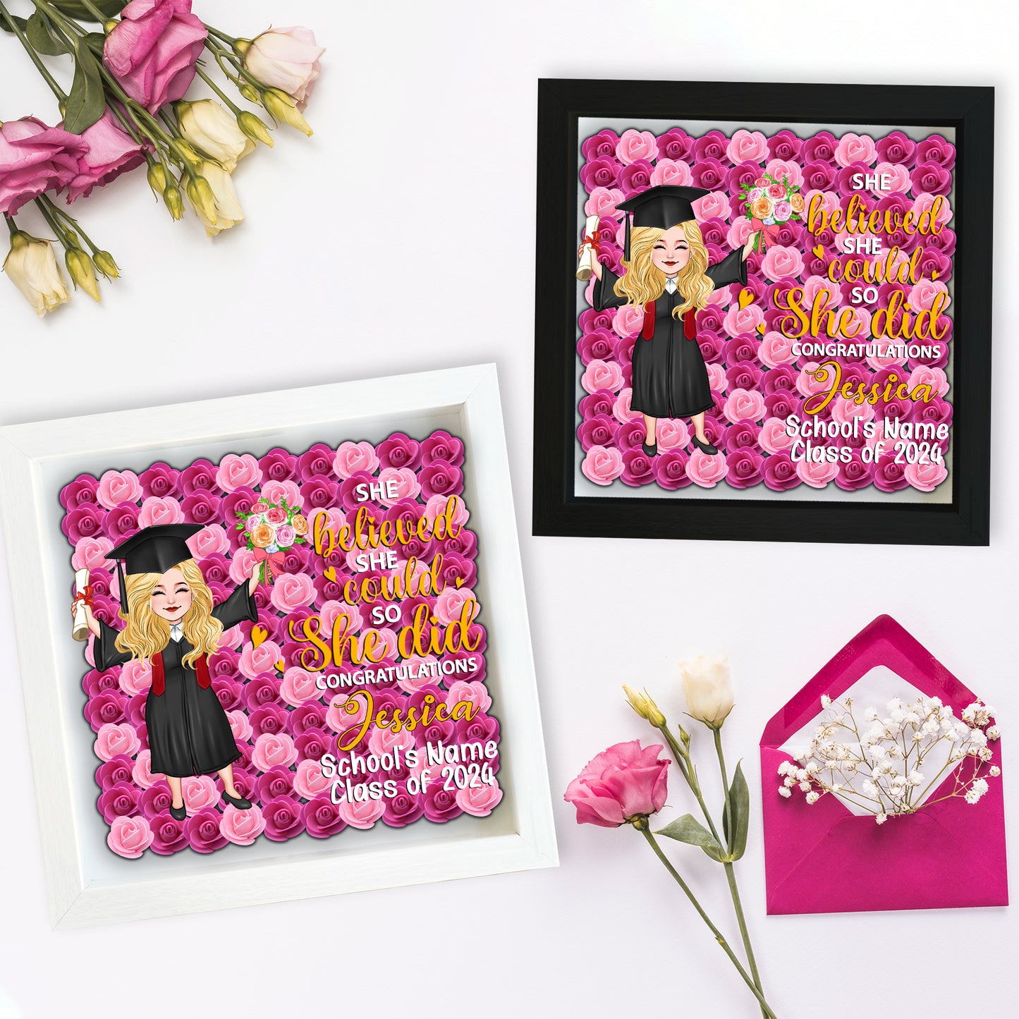Abschlussmädchen 2024 – Personalisierte Abschluss-Schattenbox in individueller Blumenform