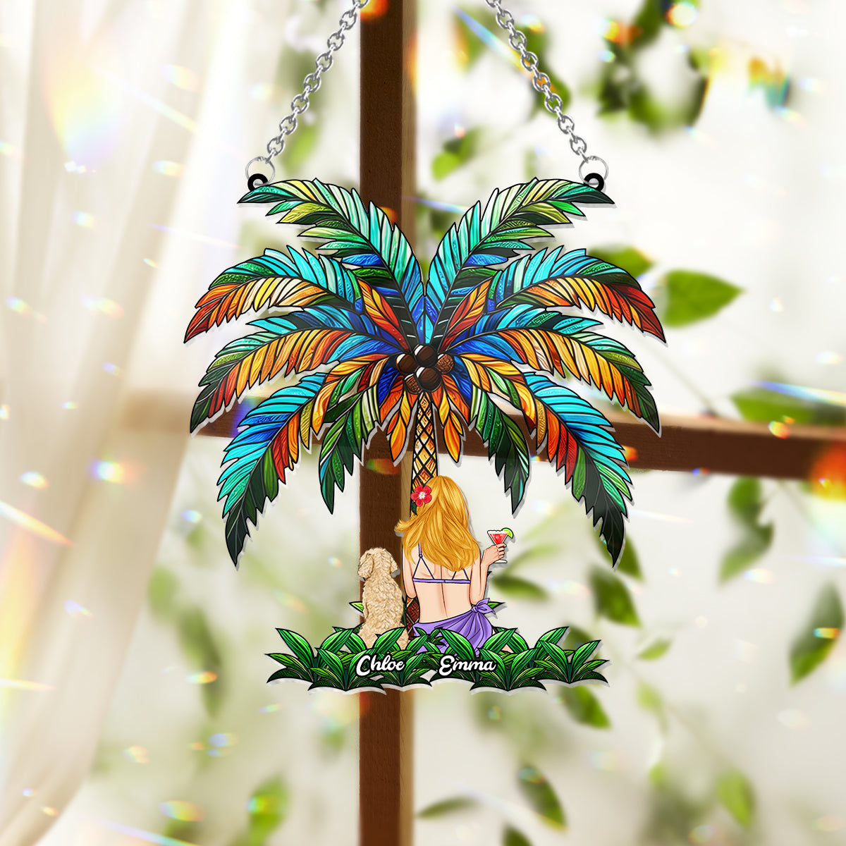 You & Me Under The Palm Tree - Personalized Dog Window Hanging Suncatcher Ornament