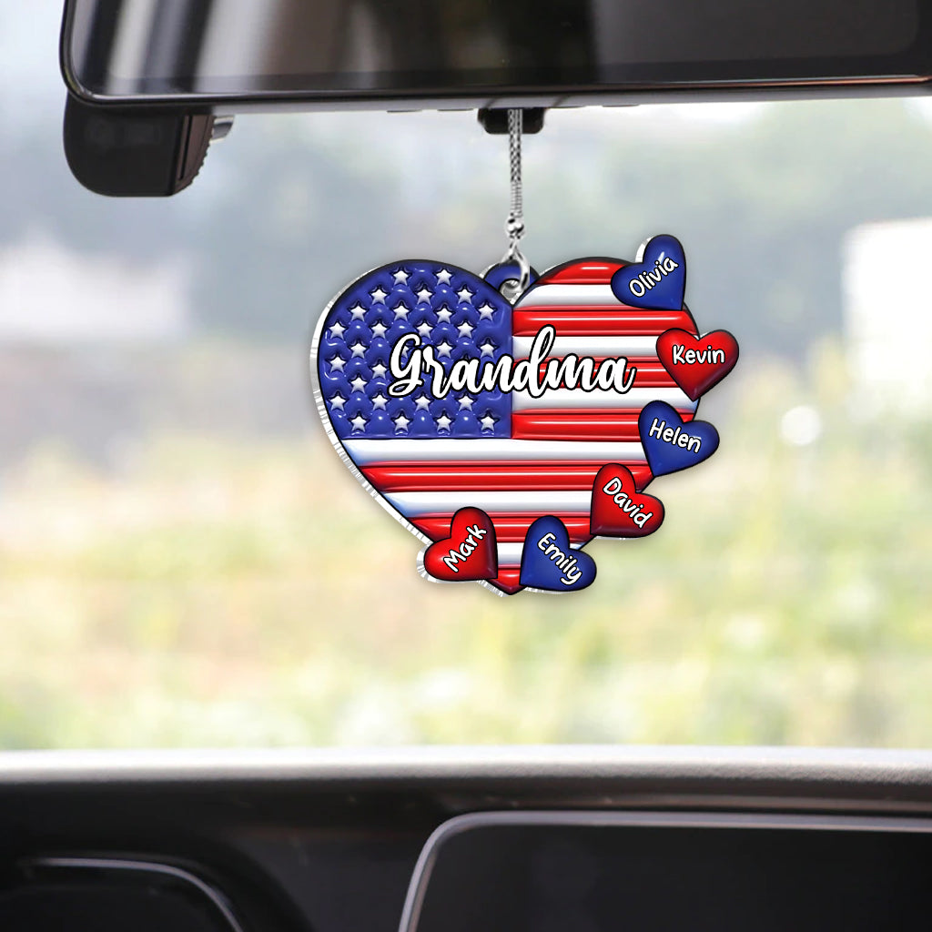 Grandma & Grandkids Puff Heart Flag - Personalized Grandma Car Ornament