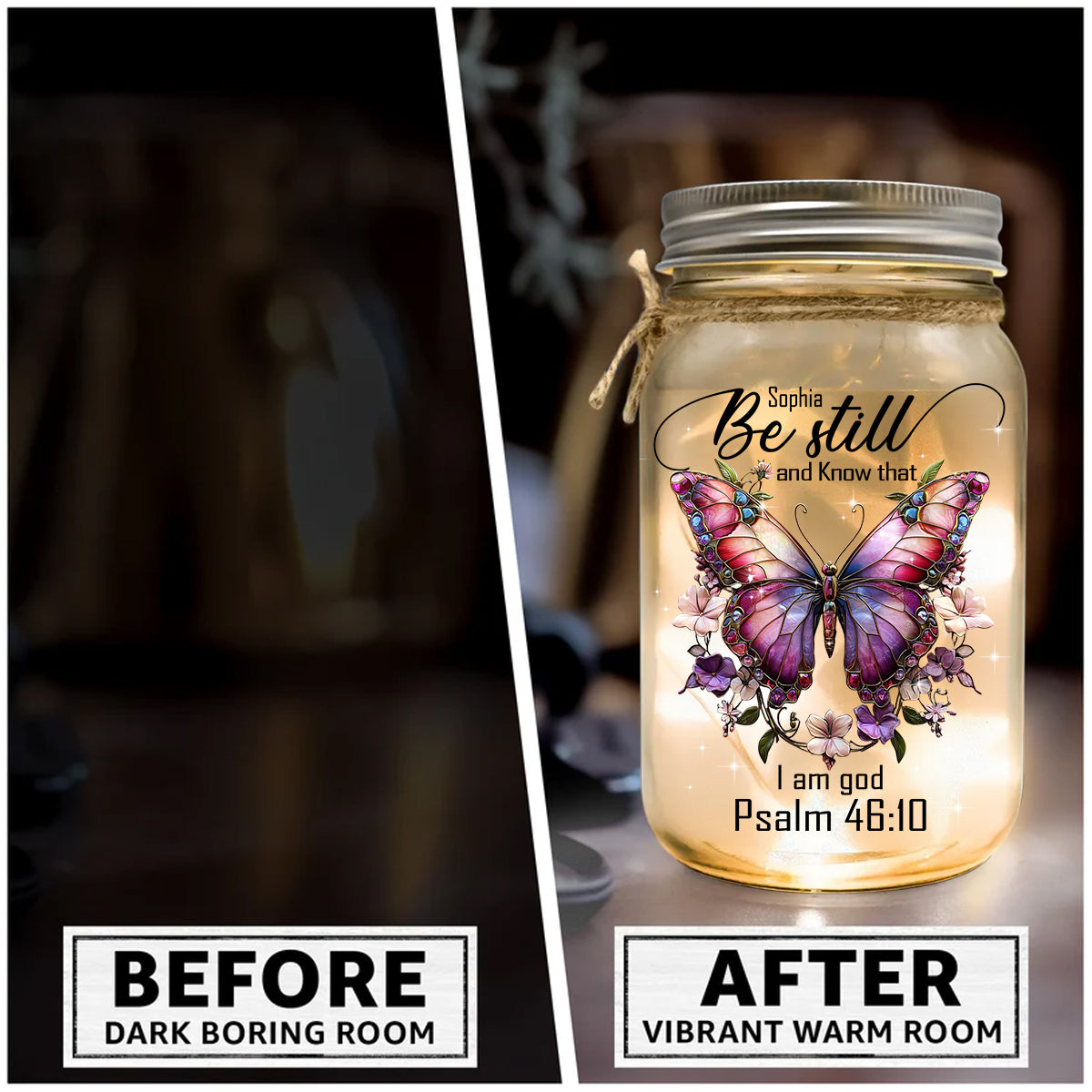 Be Still and Know - Personalized Butterfly Mason Jar Light
