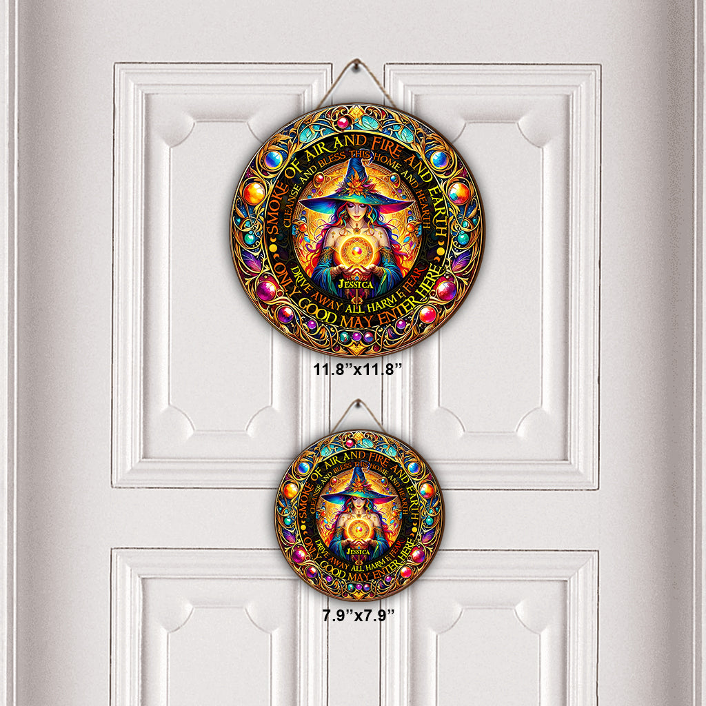 Rauch aus Luft, Feuer und Erde – Personalisiertes rundes Hexen-Holzschild