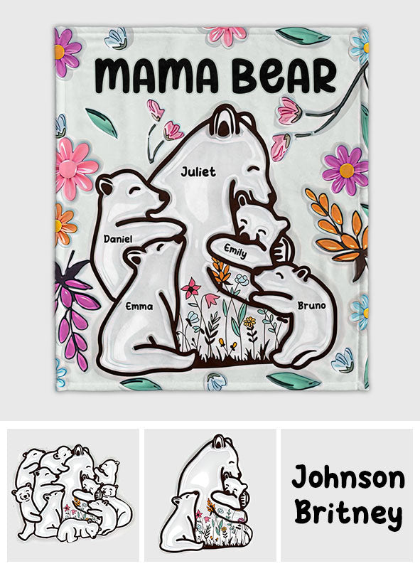 Mama Bär umarmt ihre Jungen – personalisierte Mutterdecke im Blumenmuster